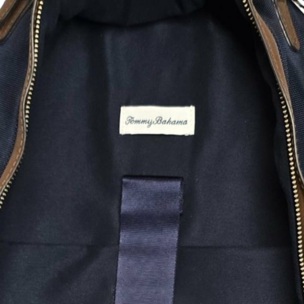 TOMMY BAHAMA Travel Laptop Backpack Crossbody Bag Navy Faux Leather Trim - Picture 5 of 5